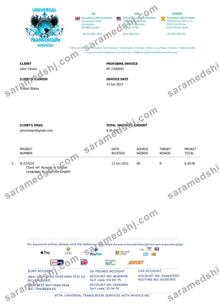 USA Universal Translation Services invoice Word and PDF template